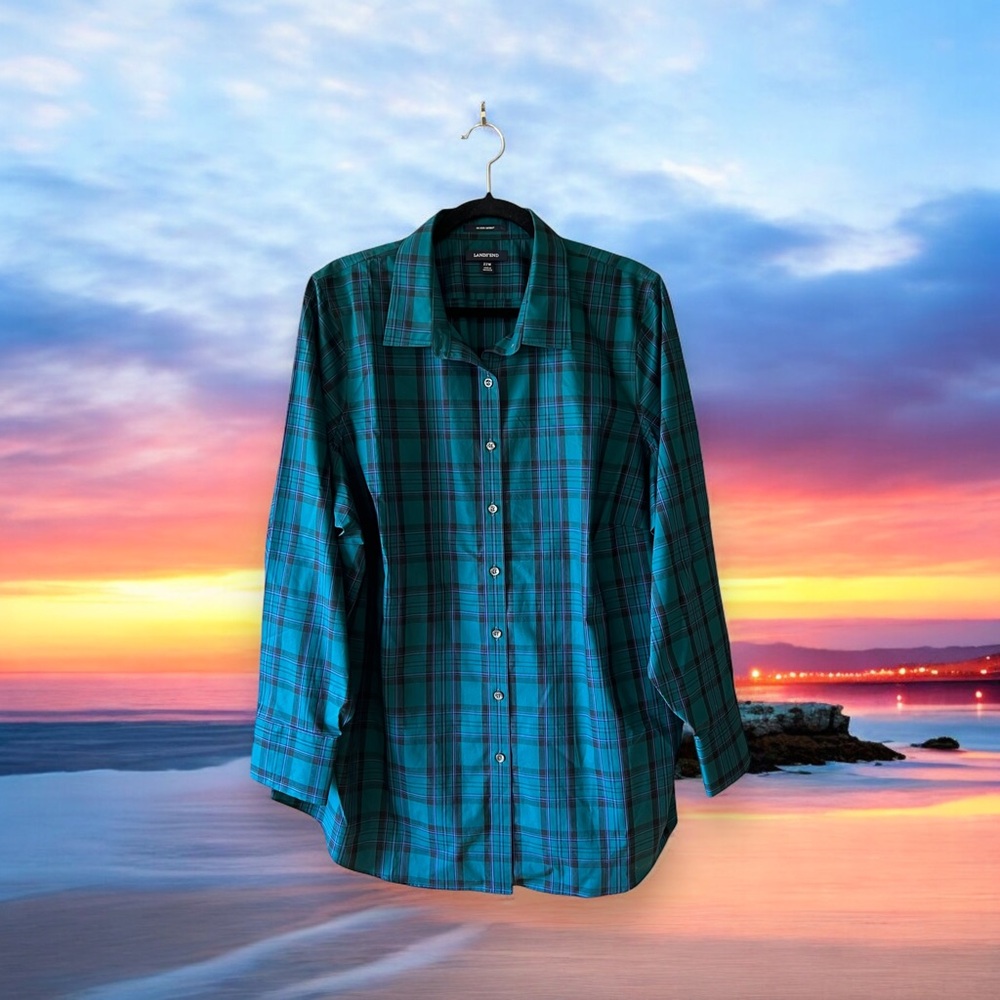 *HOST PICK* Landsโ End No Iron Supima Cotton Teal Green/Black/Purple Plaid Shirt - Picture 4 of 14
